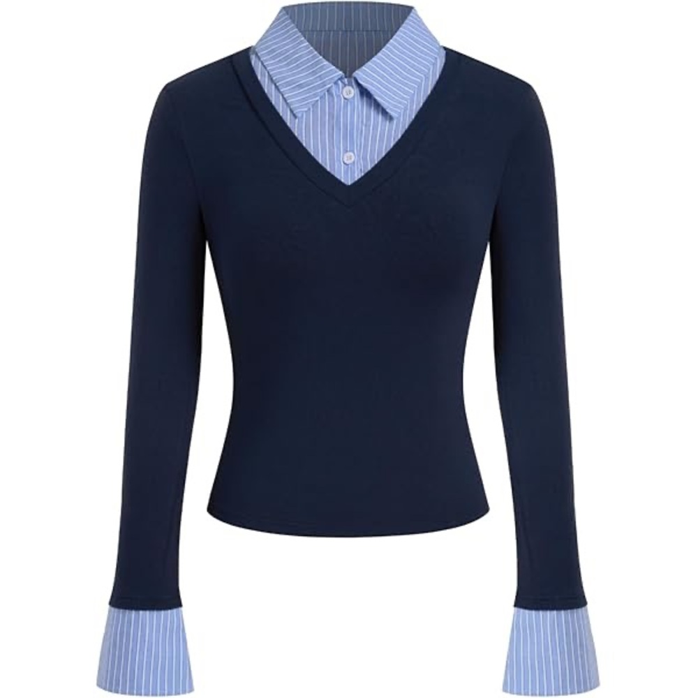 Cider Navy Sweater with Light Blue Striped Shirt Trim size S